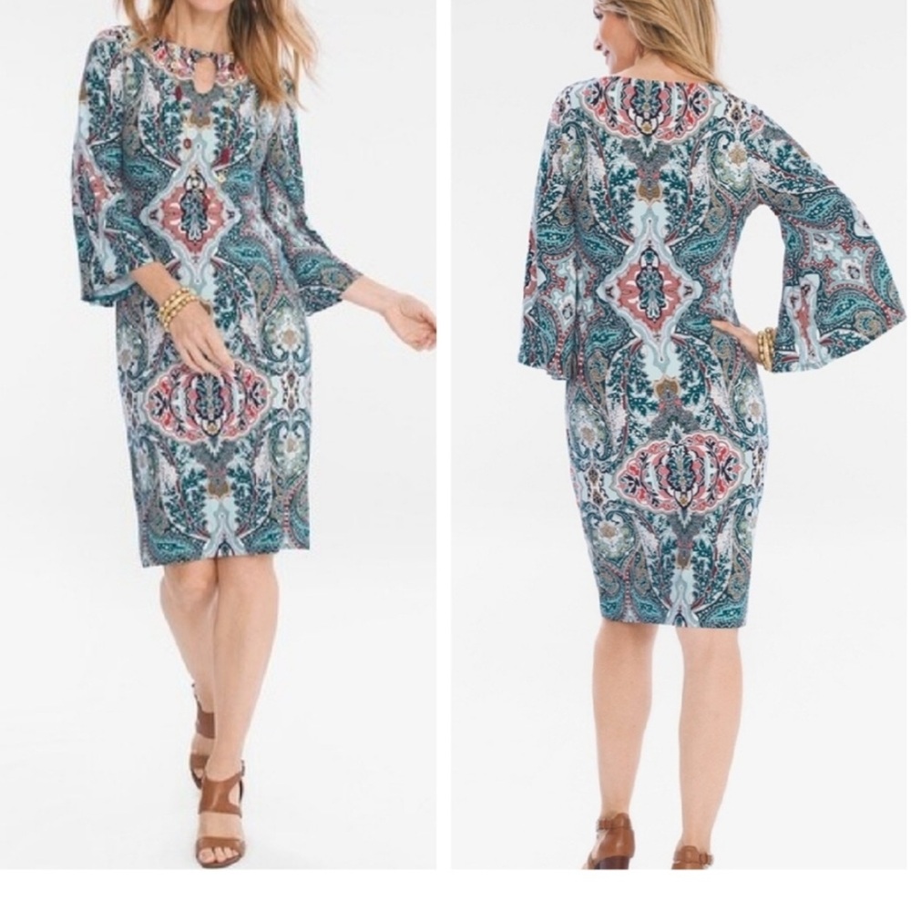 Chico's Multicolor Paisley Stretch Kimono Sleeve Shift Dress Size 8/10